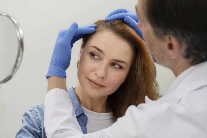 Dermatologist is checking a patient before hair botox treatment