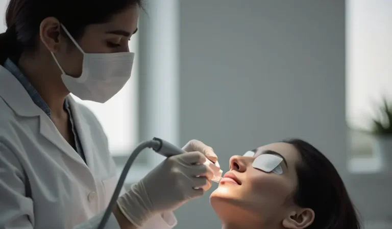 A young women undergoing laser treatment on her skin.